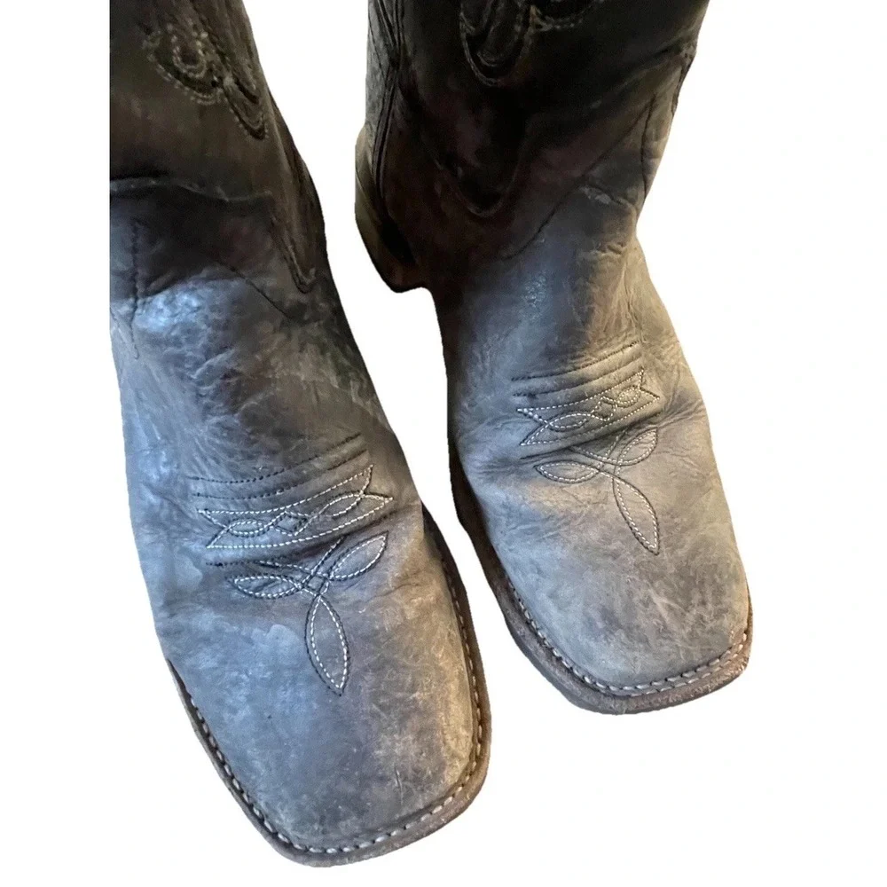 Old West Youth Leather Cowboy Boots Charcoal Black Size 5.5D Square Toe Western